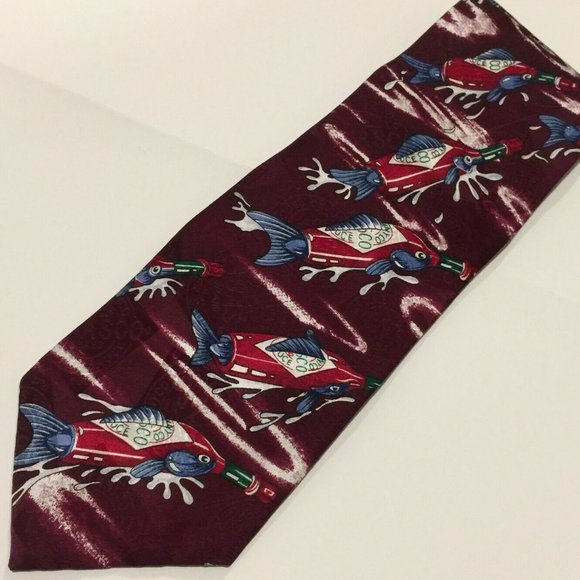 Mens Tabasco 100% Silk Neck Ties Hot Sauce bottle Novelty Print Fish 56" - Picture 1 of 9